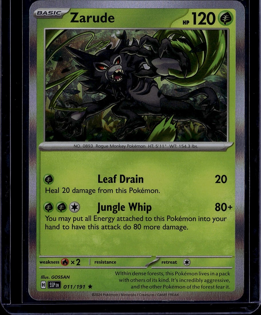2024 Pokemon Surging Sparks Zarude 011/191 Mint: This is an ungraded raw Pokemon Trading Card featuring Zarude, the Rogue Monkey Pokemon (No. 0893). The card is from the Scarlet & Violet expansion set, card number 011/191. Zarude is a Grass-type