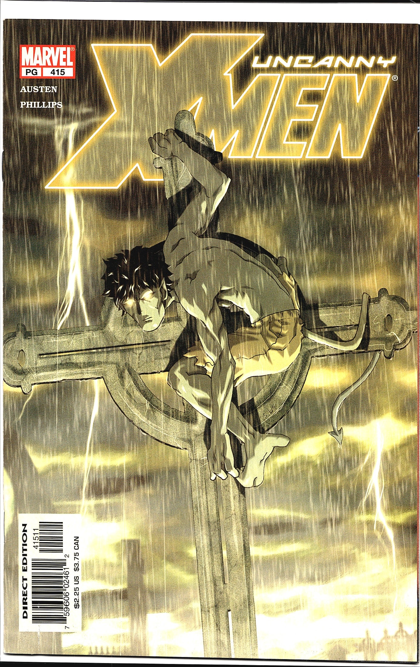 2002 Marvel Uncanny X-Men #415 Comic Book: This is Uncanny X-Men #415, published by Marvel Comics, written by Chuck Austen with art by Sean Phillips. The cover features a dramatic stormy scene with two figures clinging to a large cross amid ra
