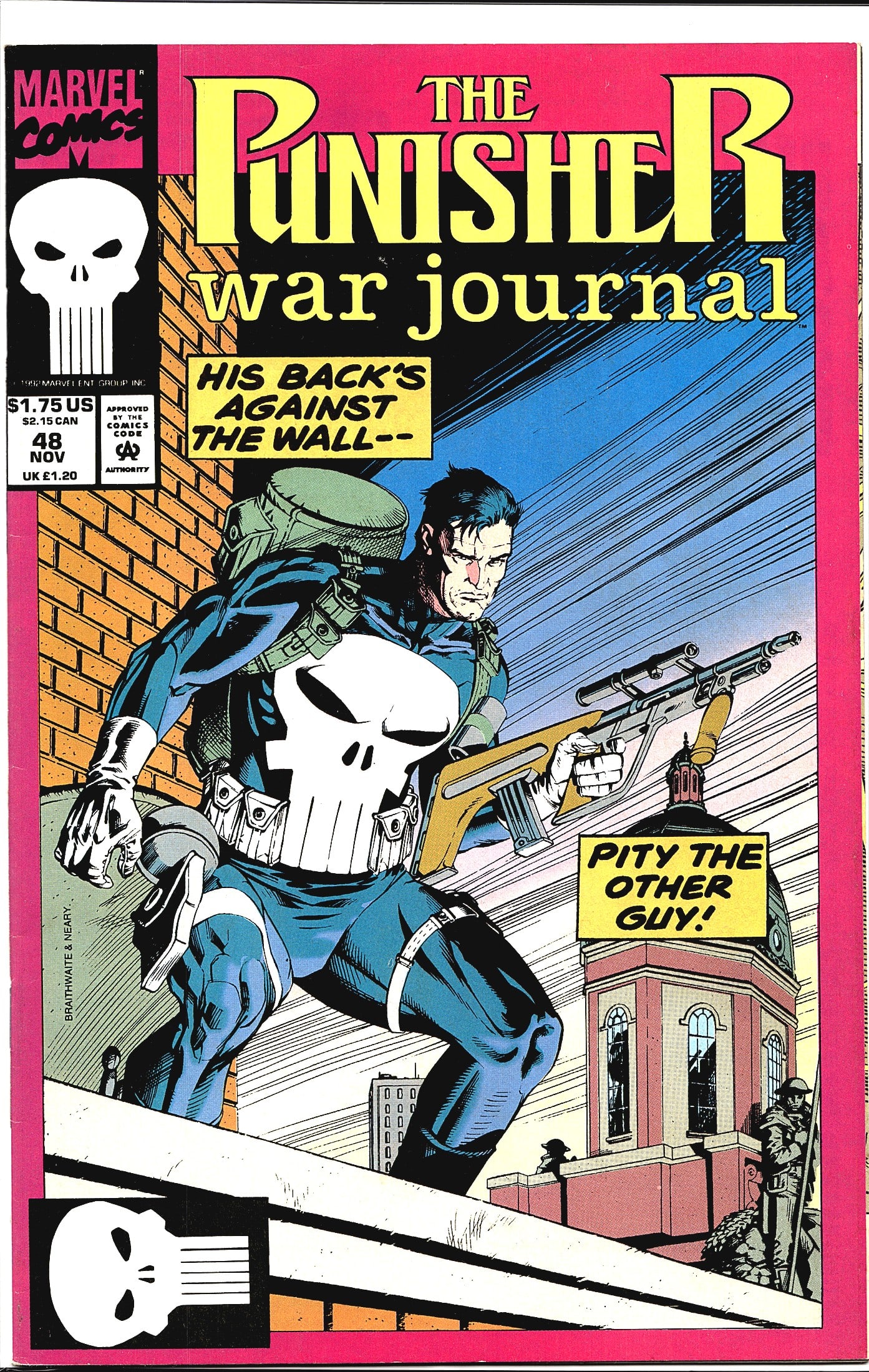 1992 Marvel The Punisher War Journal #48 Comic: This listing is for The Punisher War Journal #48, published by Marvel Comics, cover dated November 1992. The cover art, credited to Braithwaite & Neary, features the Punisher crouching against a brick