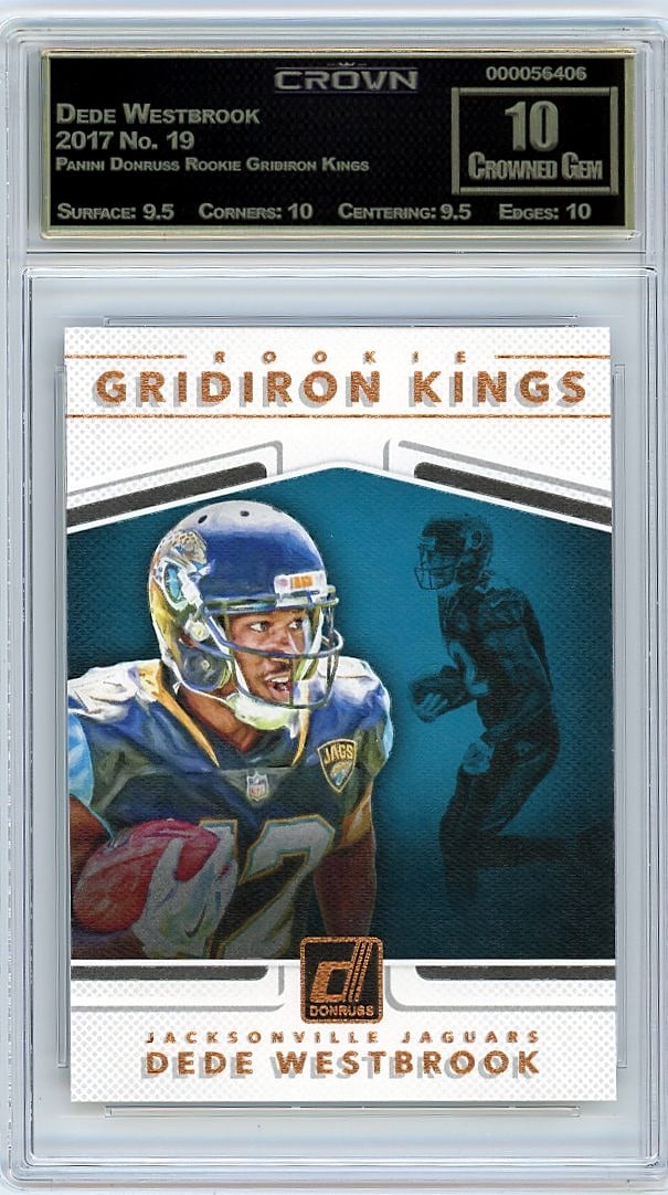 2017 Dede Westbrook Panini Donruss Rookie: This is a 2017 Dede Westbrook card from the Panini Donruss Rookie Gridiron Kings set, card number 19. It captures the rookie year of this notable NFL talent in one of the year's premium rookie release