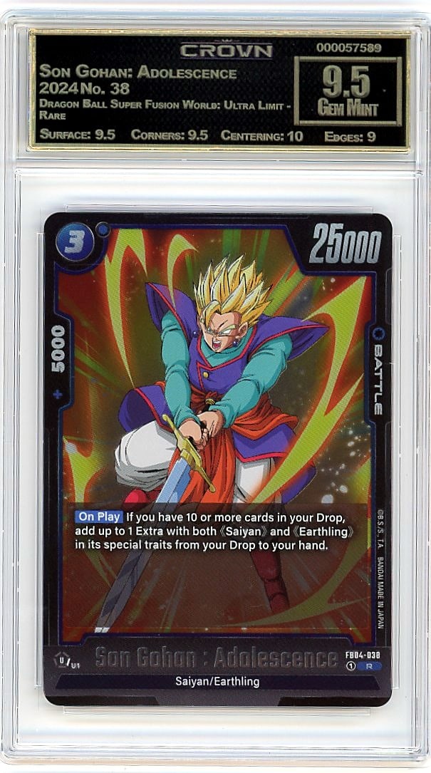 2024 Son Gohan: Adolescence #38 Dragon Ball: This is a 2024 Son Gohan: Adolescence card #38 from the Dragon Ball Super Fusion World: Ultra Limit - Rare set. This professionally graded slab captures one of the most iconic characters from the Drag