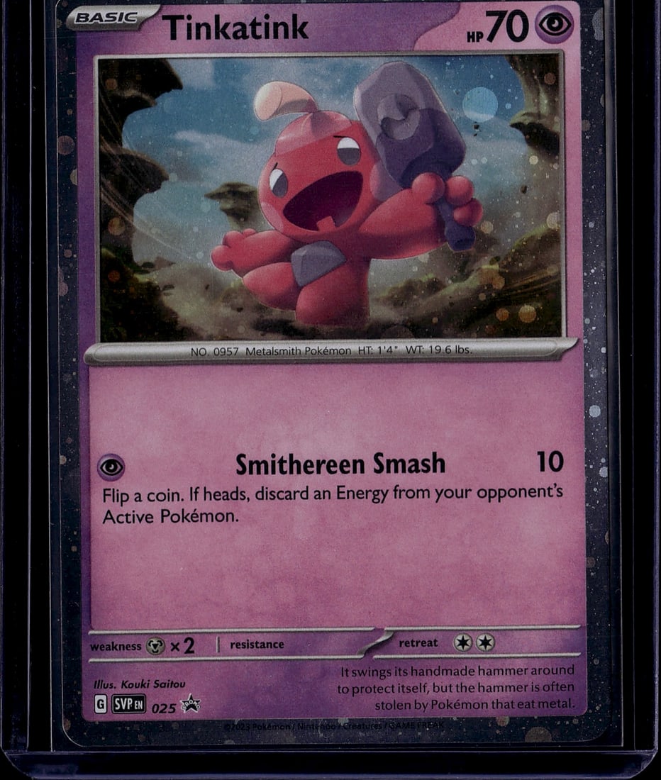 2023 Pokemon Scarlet & Violet Black Star Promo: This is a raw Tinkatink Pokemon card from the Scarlet & Violet set, card number 025. Tinkatink is a Psychic-type Basic Pokemon with 70 HP, illustrated by Kouki Saitou. The card features vibrant