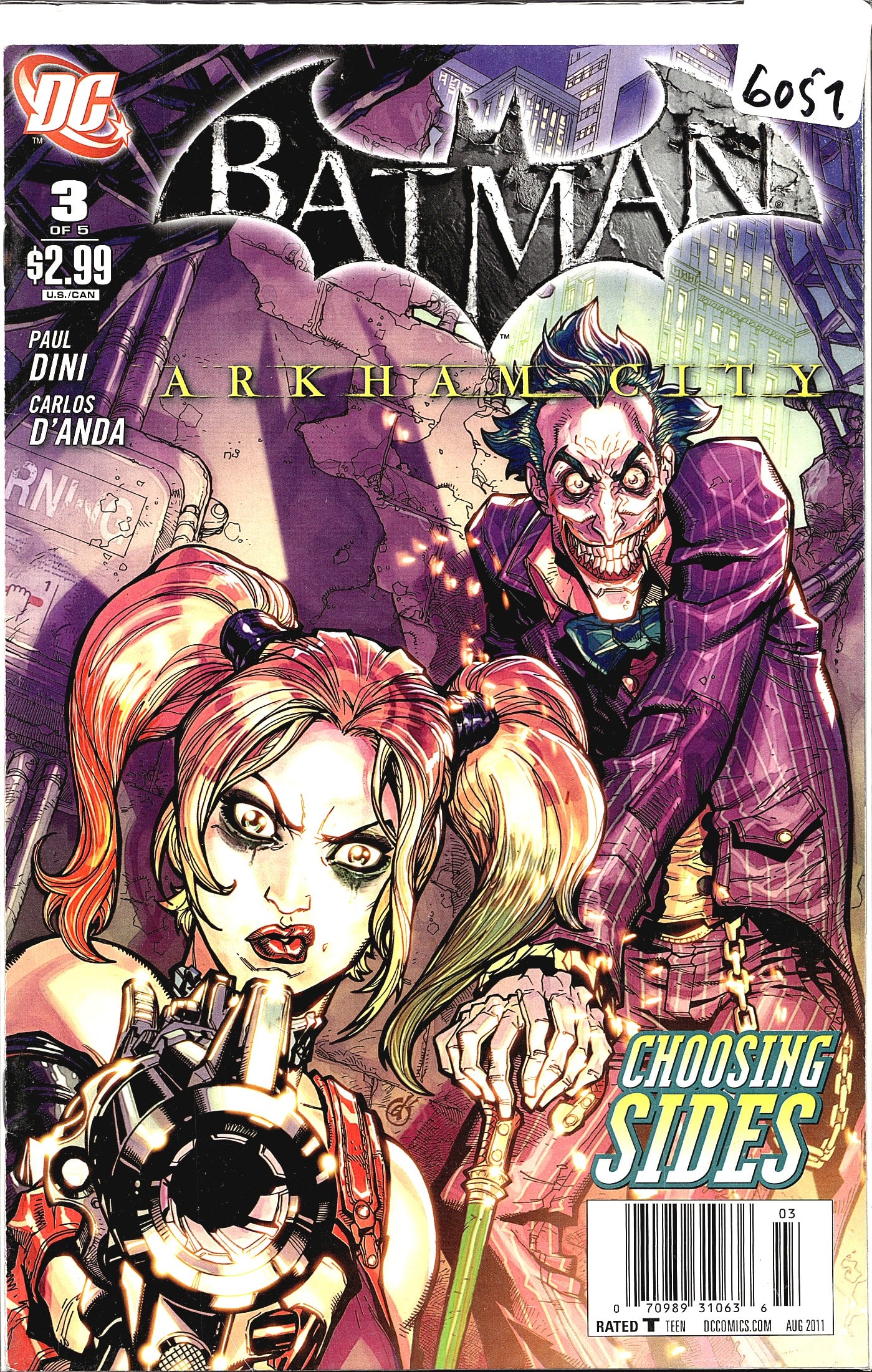 2011 DC Comics Batman Arkham City #3 Comic Book: Batman: Arkham City #3 (of 5), published by DC Comics in August 2011. Written by Paul Dini with art by Carlos D'Anda. This issue is subtitled 'Choosing Sides' and features Harley Quinn prominently on