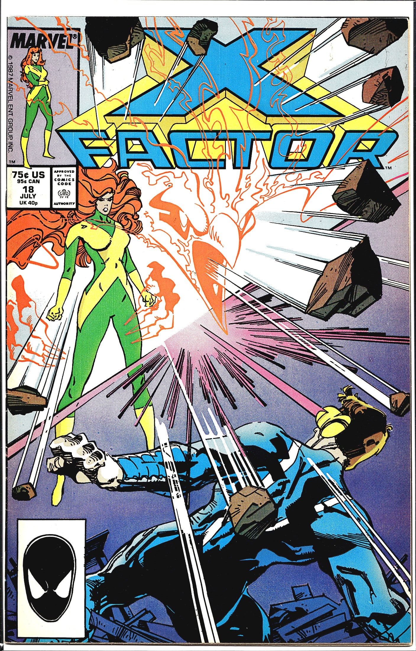 1987 Marvel X-Factor #18 1st Print Comic Book: This is X-Factor #18, published by Marvel Comics in July 1987, priced at 75 US / 95 CAN / 40p UK. The cover prominently features a red-haired female character in a green and yellow costume - consisten