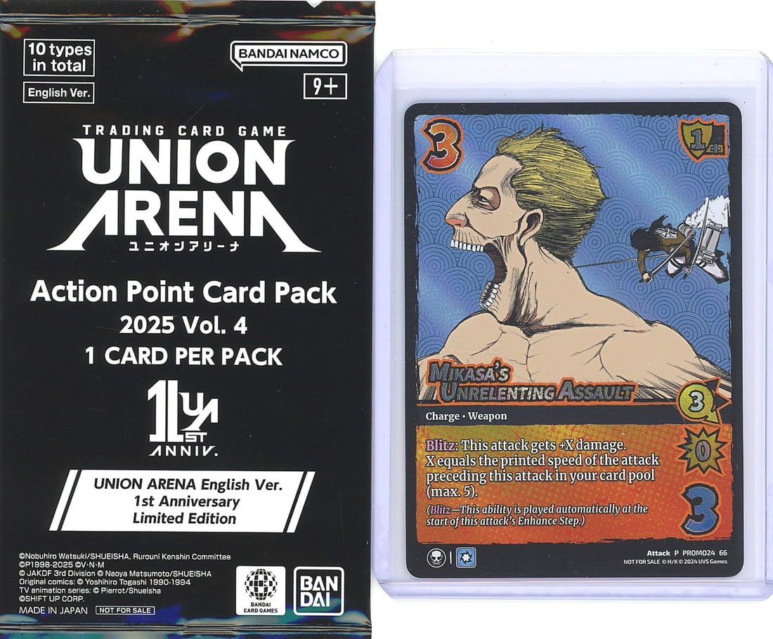 2025 Bandai Union Arena Action Point Card Pack: This listing is for a Union Arena Trading Card Game Action Point Card Pack 2025 Vol. 4, a 1st Anniversary Limited Edition release by Bandai Namco (English Version). The pack contains 1 card per pack