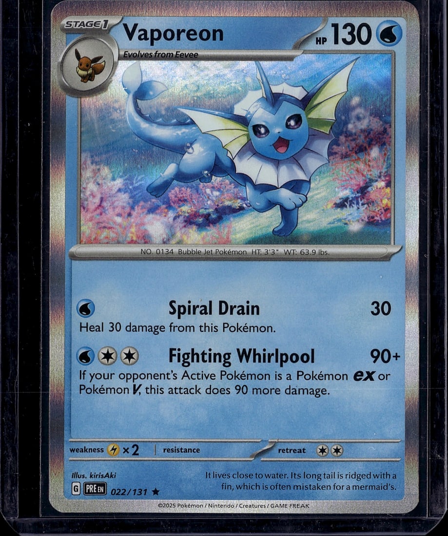 Vaporeon 022/131 Pokemon Scarlet & Violet Single: This is a raw Vaporeon Pokemon trading card from the Scarlet & Violet set, card number 022/131. Vaporeon is a Stage 1 Water-type Pokemon that evolves from Eevee, featuring 130 HP. The card displays