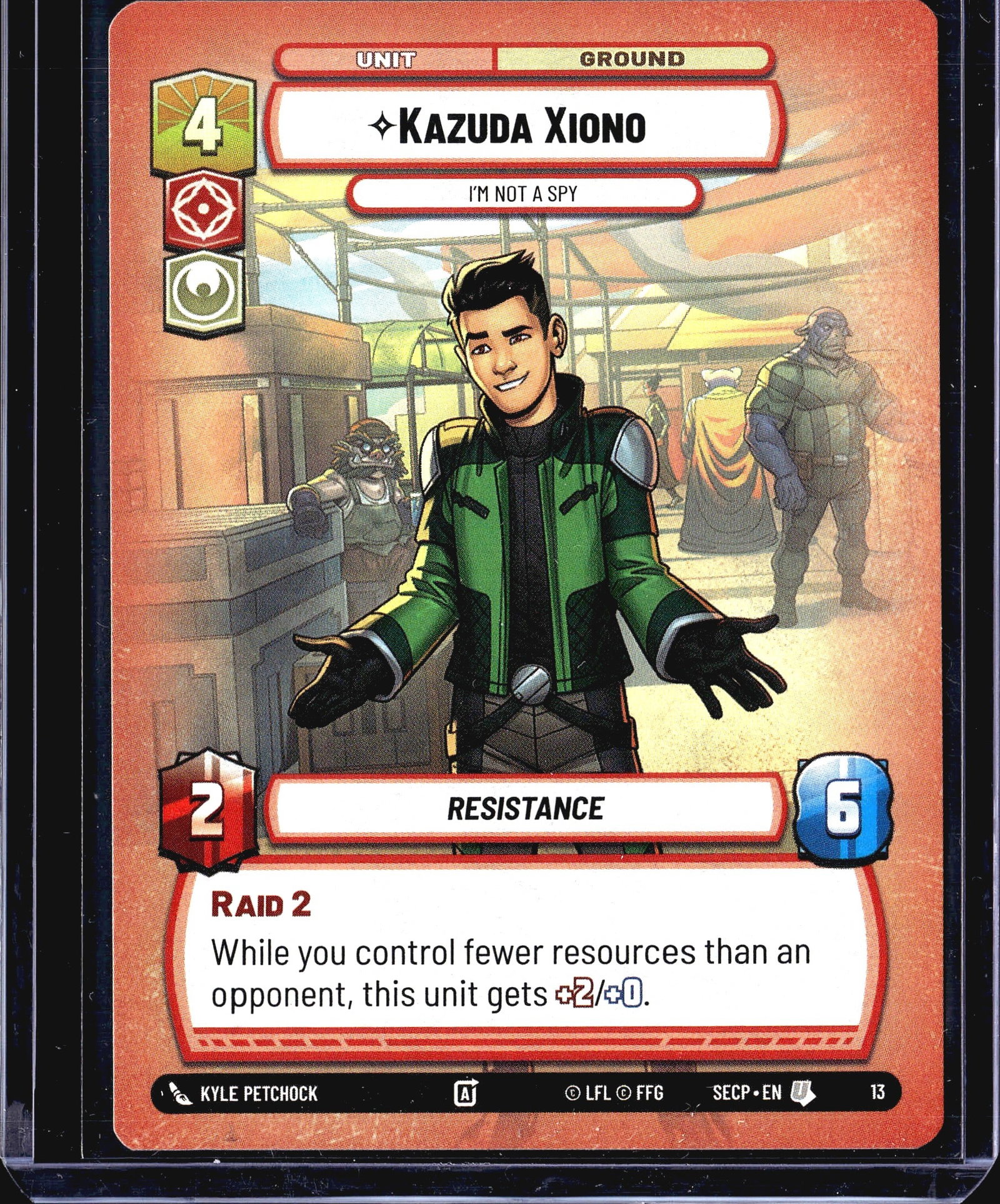 2024 FFG Spark of Rebellion Kazuda Xiono Card: This listing features Kazuda Xiono (#13), a Ground Unit card from the Star Wars Unlimited trading card game, published by Fantasy Flight Games (FFG) under license from Lucasfilm (LFL). The card
