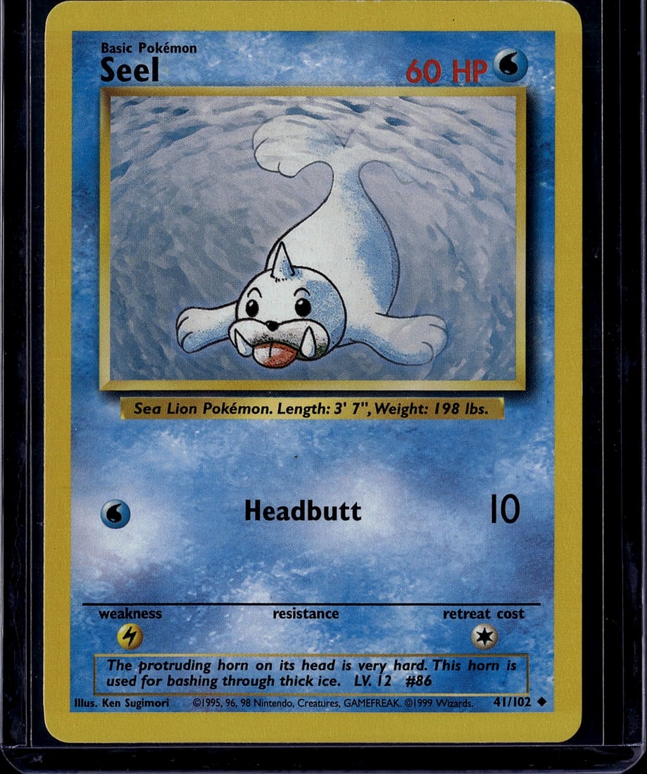 Seel Base Set 41/102 Pokemon Card 1999 - Sea: This is an original 1999 Pokemon Base Set Seel card (41/102), featuring the iconic Water-type Sea Lion Pokemon. Seel is a Basic Pokemon with 60 HP and the Water-type symbol clearly visible. The card