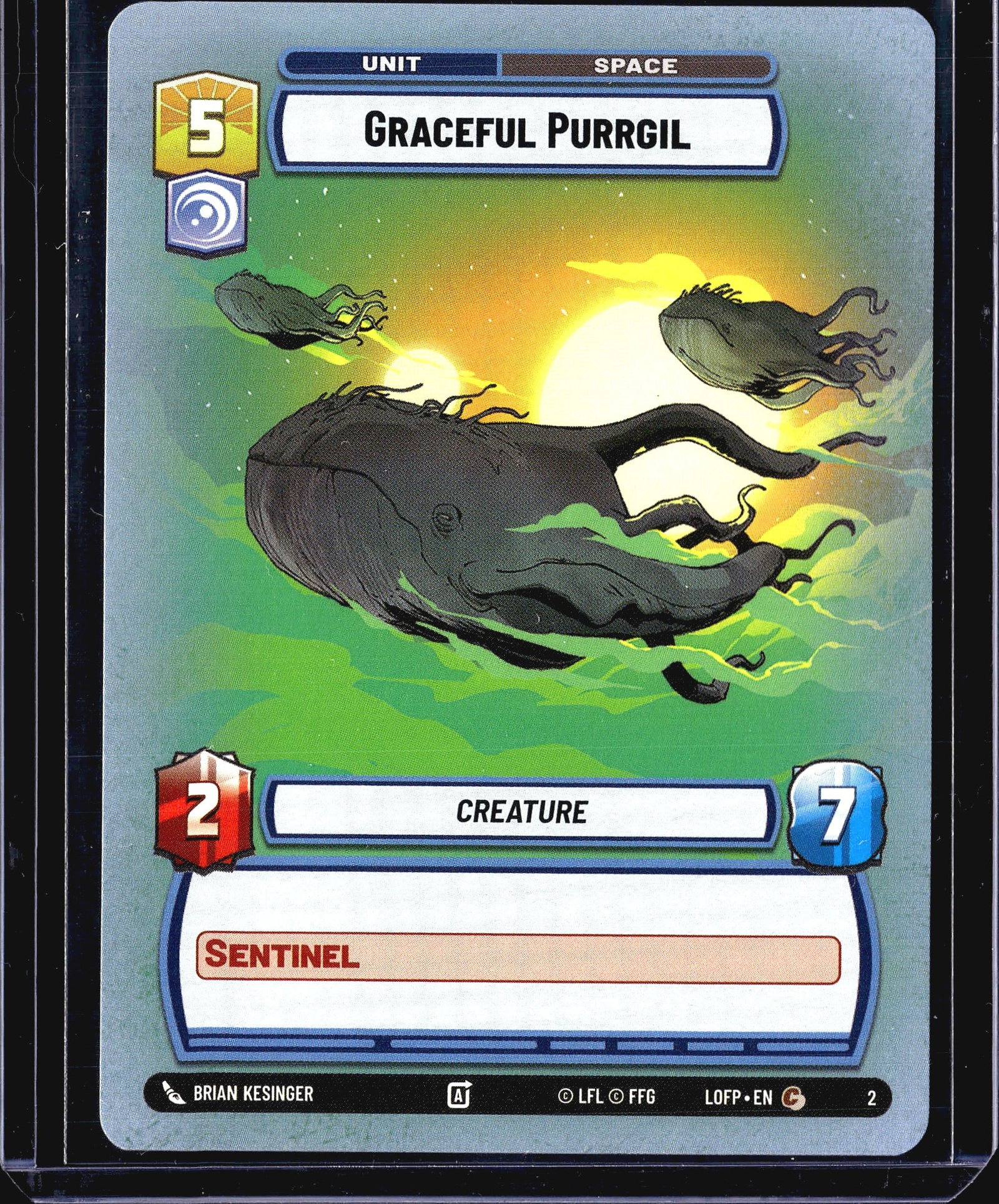2024 Fantasy Flight Games Legends of the Force: This listing is for the Graceful Purrgil card from the Star Wars Unlimited trading card game, card number 2 from the Legends of the Force set (set code LOFP). It is a Unit card in the Space arena,