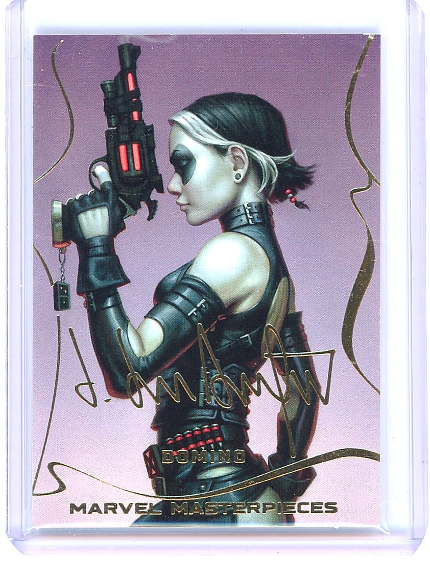 2022 Upper Deck Marvel Masterpieces #3 Domino: This is card #3 from the 2022 SkyBox Marvel Masterpieces set, featuring Domino (real name Neena Thurman), a mutant mercenary first appearing in New Mutants #98 (1991). The card showcases artwork by Da