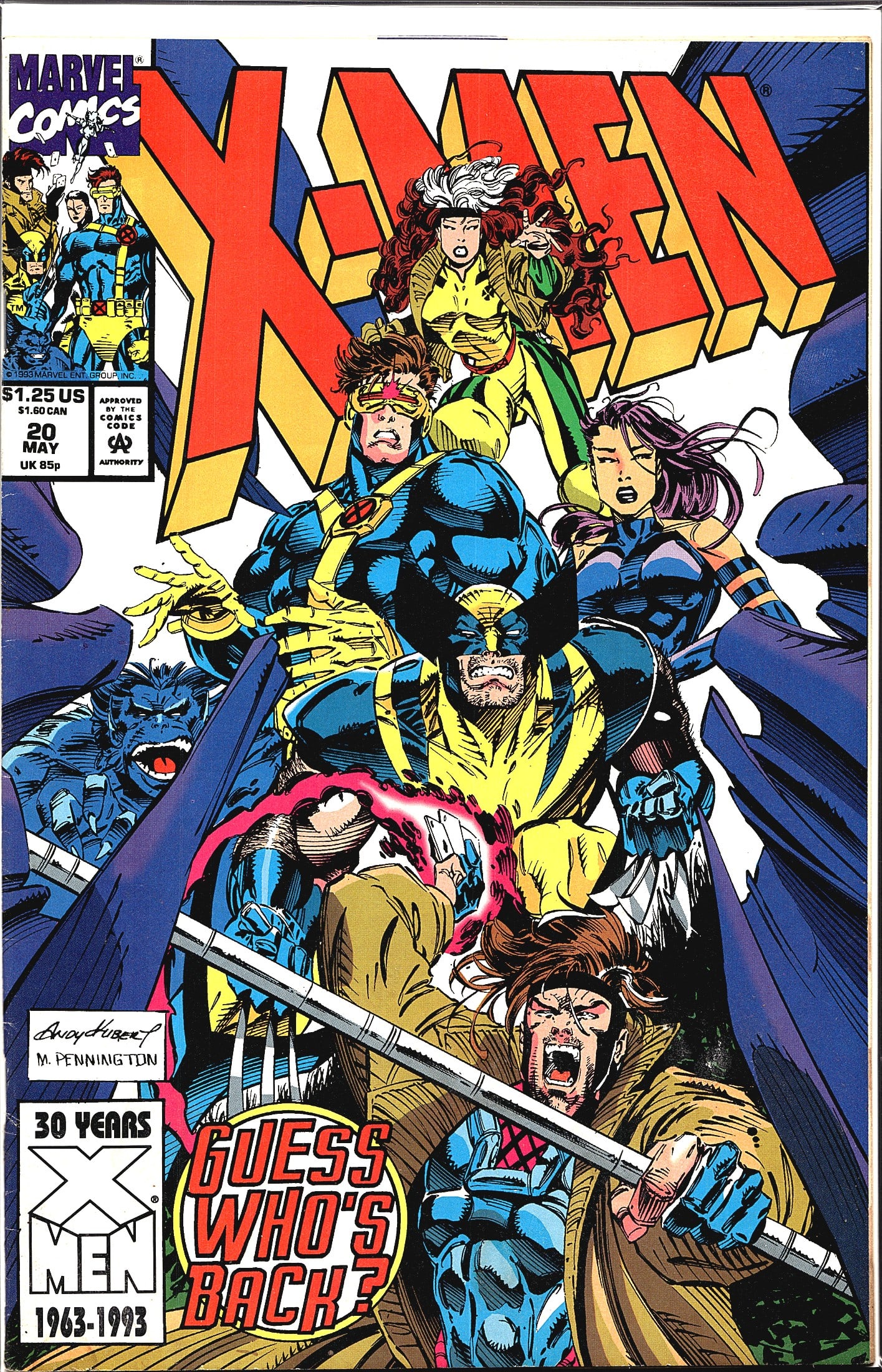 X-Men #20 Marvel Comics May 1993 Guess Who's: X-Men #20 published by Marvel Comics, cover dated May 1993, priced at $1.25 US. This issue celebrates 30 Years of X-Men (1963-1993) and features the tagline 'Guess Who's Back?' on the cover. The cover