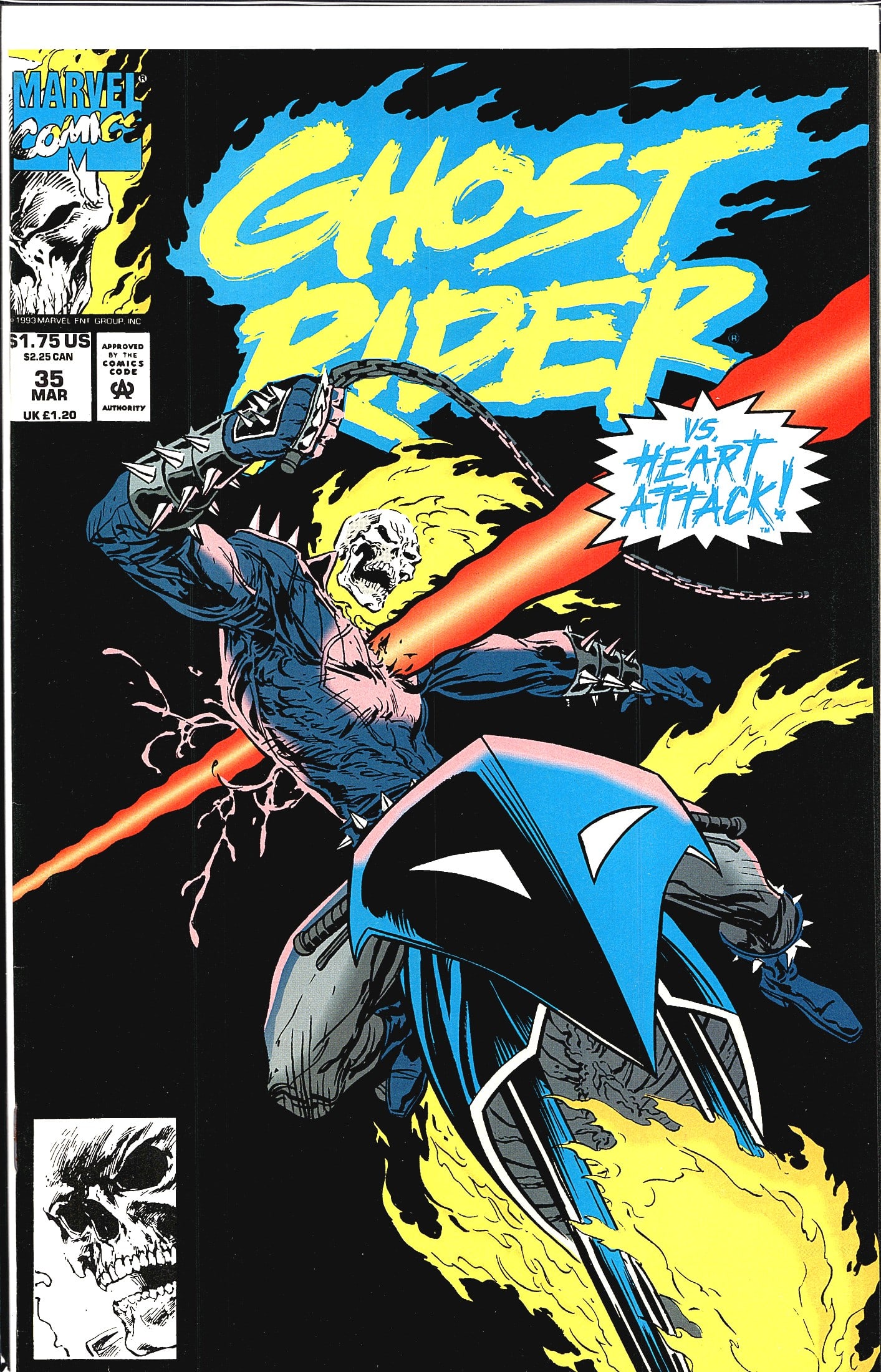 1993 Marvel Comics Ghost Rider #35 Comic Book: Ghost Rider #35 published by Marvel Comics, cover-dated March 1993. This issue features a dynamic cover depicting Ghost Rider on his flaming motorcycle, wielding his signature chain, with the story ar