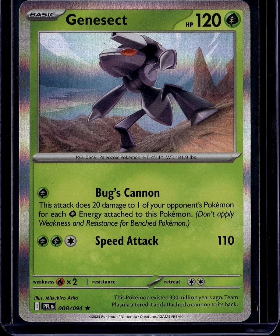 2025 Genesect 008/094 Mega Evolution Phantasmal: Genesect 008/094 is a Basic Grass-type Pokemon card from the Mega Evolution: Phantasmal Flames expansion, released November 14, 2025. This version is a stamped Best Buy exclusive promo with