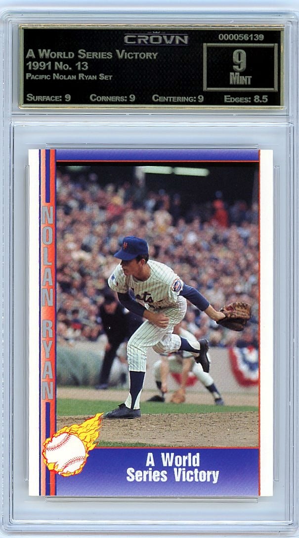 1991 Pacific Nolan Ryan Set #13 A World Series: This is a 1991 Pacific Nolan Ryan Set card #13 featuring 'A World Series Victory.' The card captures a significant moment from one of baseball's most celebrated careers, presented in the iconic Pacifi