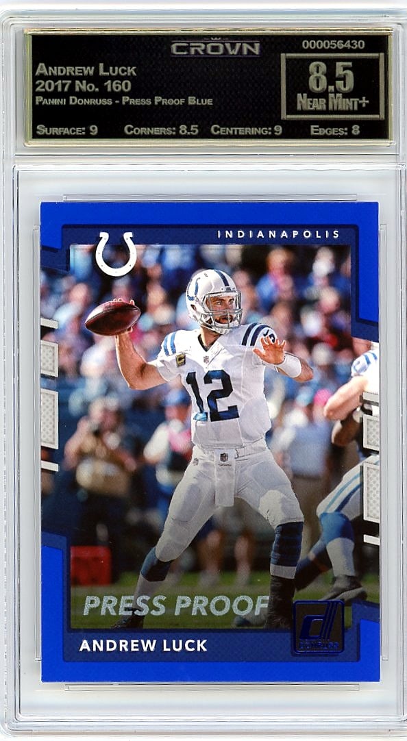 2017 Andrew Luck Panini Donruss Press Proof Blue: This is a 2017 Andrew Luck card from the Panini Donruss Press Proof Blue set, card number 160. The Press Proof Blue parallel is a sought-after insert from the Donruss release, featuring the