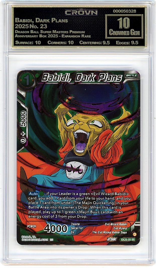 2025 Babidi, Dark Plans Dragon Ball Super: This Babidi, Dark Plans card represents an exceptional collectible for dedicated enthusiasts of this beloved character and series. Graded a perfect 10.00 by Crown Grading, this card demonstrates