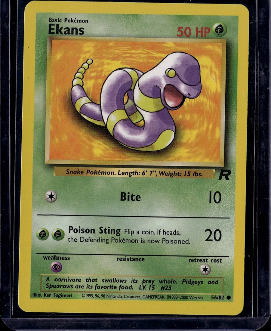 Ekans 56/82 Base Set Pokemon Card 1999 Vintage: This is an original 1999 Pokemon Base Set Ekans card (56/82), a classic vintage single from one of the most iconic TCG sets ever produced. Ekans is a Basic Grass-type Snake Pokemon with 50 HP,