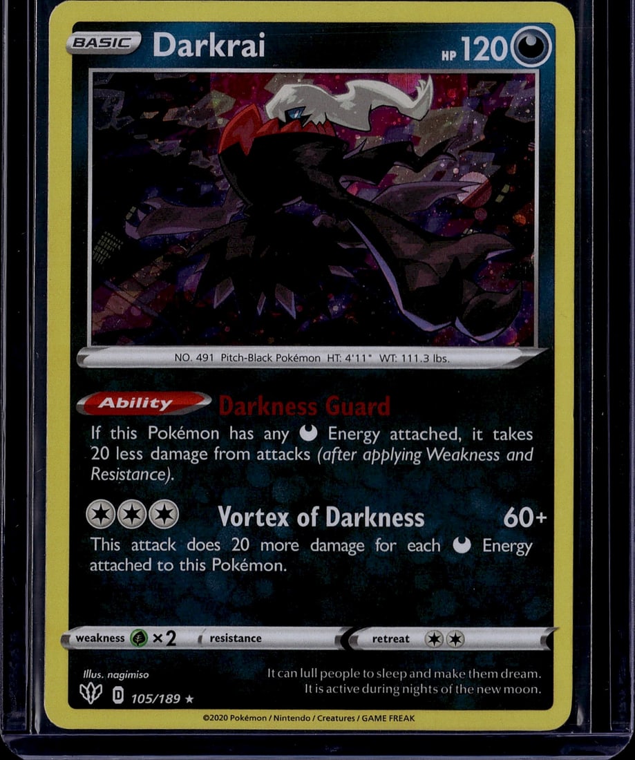 Darkrai 105/189 Sword & Shield Pokemon Card 2020: This is a Darkrai Basic Pokemon card from the 2020 Sword & Shield expansion set, card number 105/189. Featuring the iconic Pitch-Black Pokemon at 4'11" tall and 111.3 lbs, this card showcases
