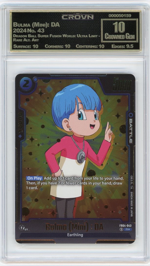 2024 Bulma Mini DA #43 Dragon Ball Super Fusion: This is a 2024 Bulma (Mini): DA card #43 from the Dragon Ball Super Fusion World: Ultra Limit - Rare Alt. Art set. This stunning alternative art rare showcases one of the franchise's most iconic