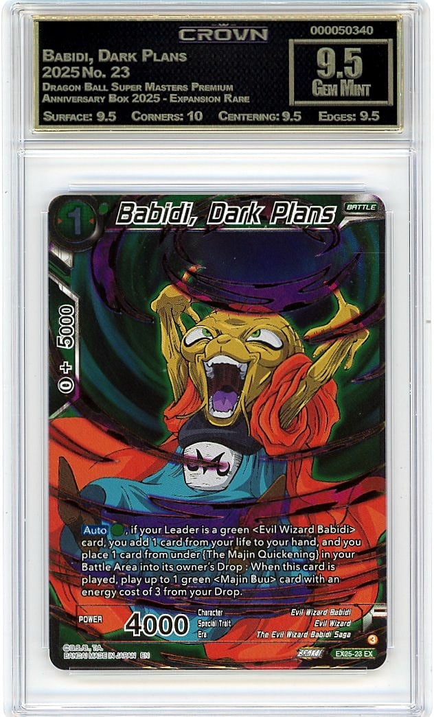 2025 Babidi, Dark Plans Dragon Ball Super: This Babidi, Dark Plans card represents an exceptional addition to any serious collector's portfolio. Graded 9.50 by Crown Grading, this card exemplifies outstanding condition with minimal wear and