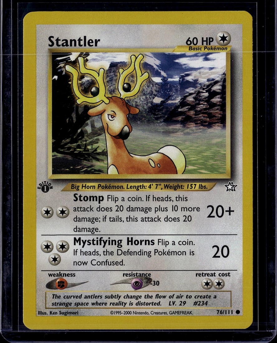 Stantler 76/111 Pokemon Base Set Card - Big Horn: This is an original Stantler Pokemon trading card from the Base Set (2000), card number 76/111. Stantler is a Basic Pokemon with 60 HP featuring distinctive curved yellow antlers illustrated by Ken Su