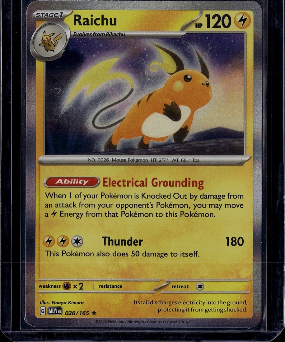 Raichu 026/165 Scarlet & Violet Pokemon Card: This is a raw Raichu Pokemon trading card from the Scarlet & Violet set, card number 026/165. Raichu is a Stage 1 Electric-type Pokemon that evolves from Pikachu, featuring 120 HP and illustrated by N