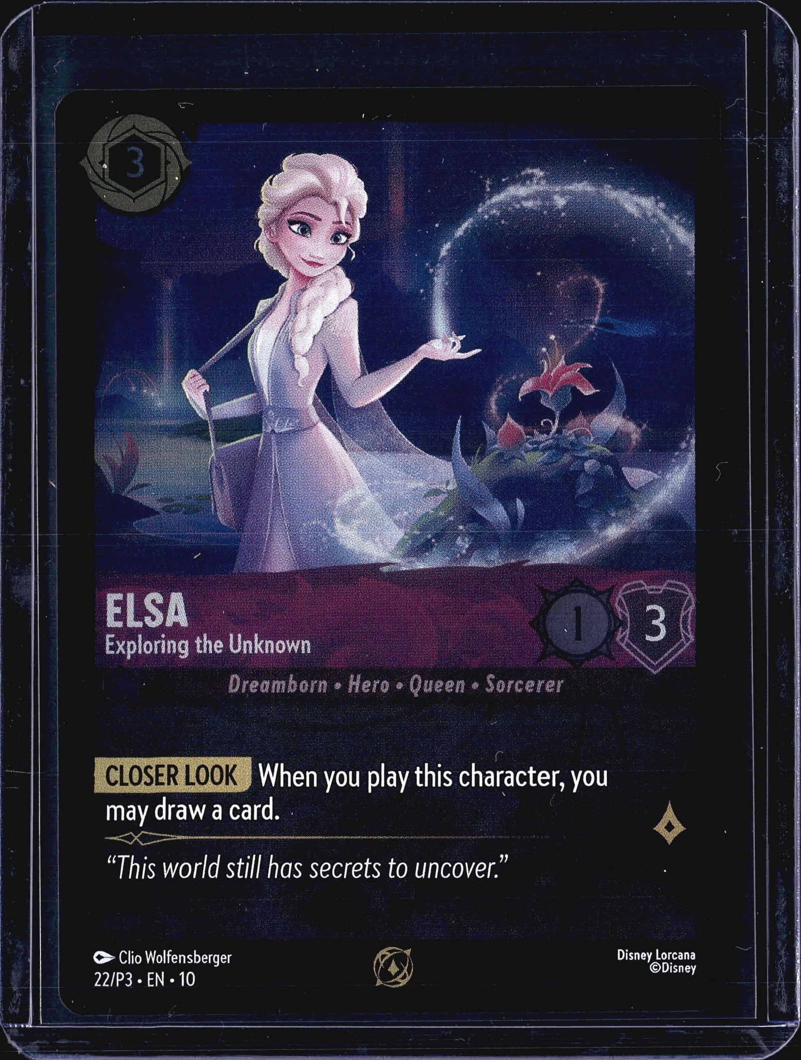 2023 Disney Lorcana Promo Elsa 22/P3 Card: This listing features Elsa - Exploring the Unknown, card number 22/P3 from the Disney Lorcana trading card game, illustrated by Clio Wolfensberger. The card is printed in English and belongs to the Pr