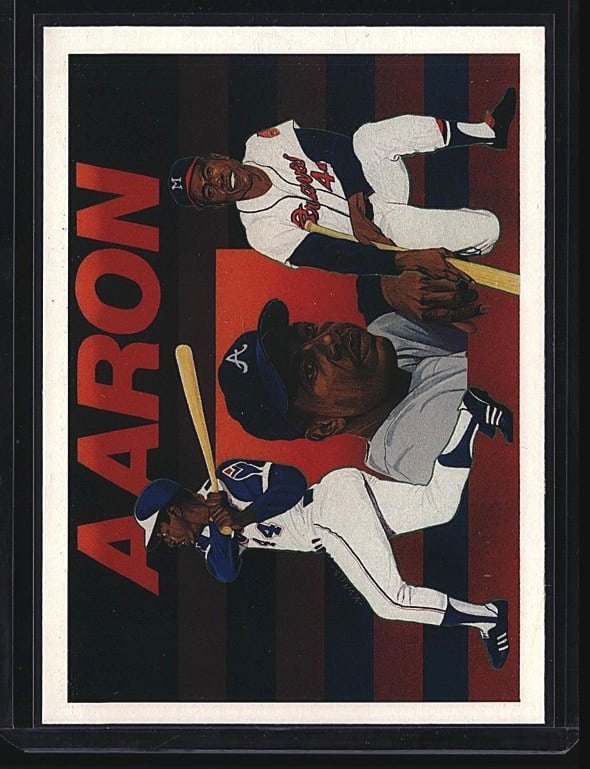 1991 Upper Deck Baseball Heroes #27 Hank Aaron: This is a 1986 Topps Baseball Heroes card #27 featuring Hall of Famer Hank Aaron. The card front displays Aaron in action with the distinctive red and blue striped design characteristic of the Basebal