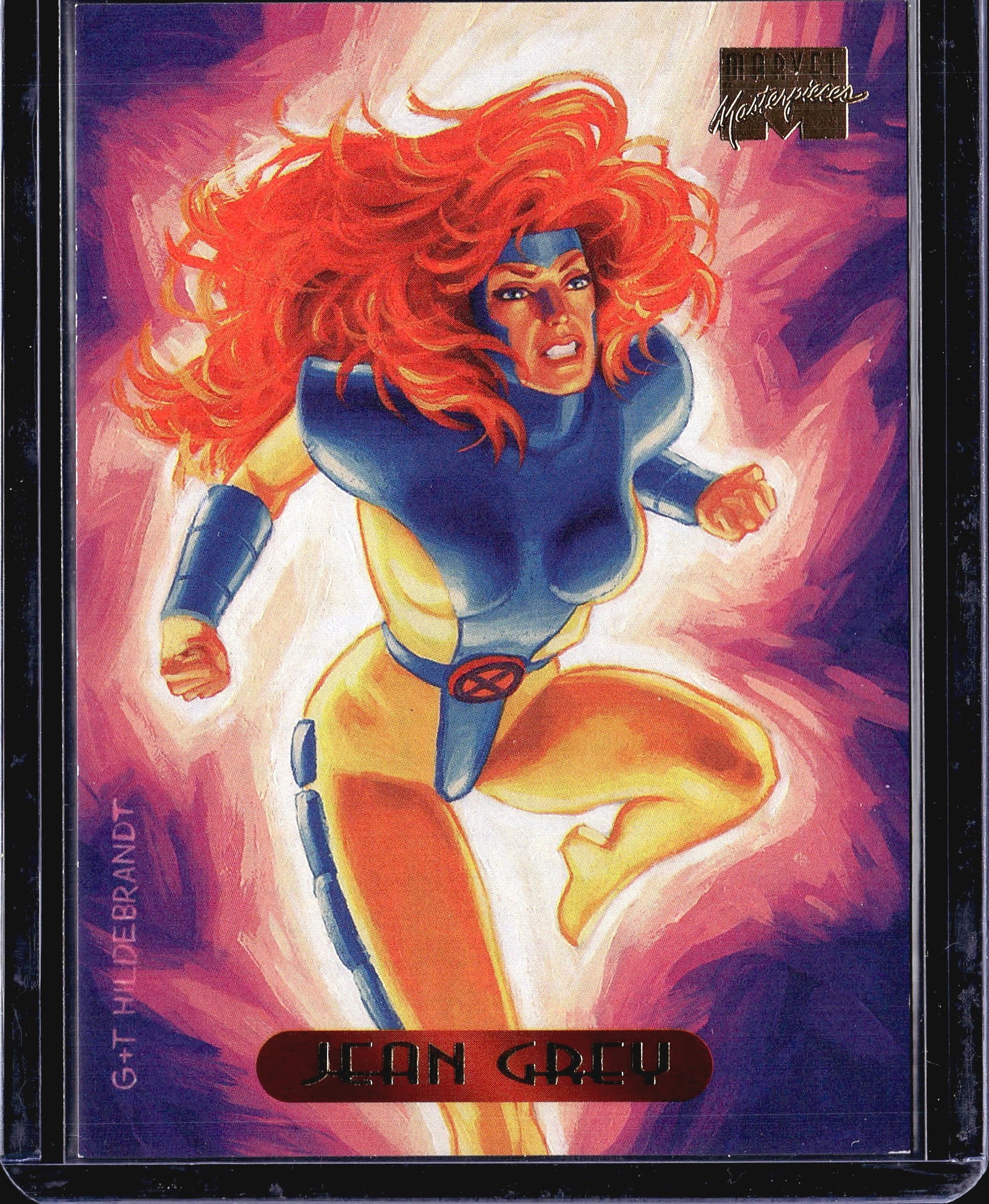 1994 Fleer Marvel Masterpieces #45 Jean Grey: This is card #45 from the 1994 Fleer Marvel Masterpieces trading card set, featuring Jean Grey of the X-Men. The front showcases stunning painted artwork by Greg and Tim Hildebrandt, depicting Jean Gr
