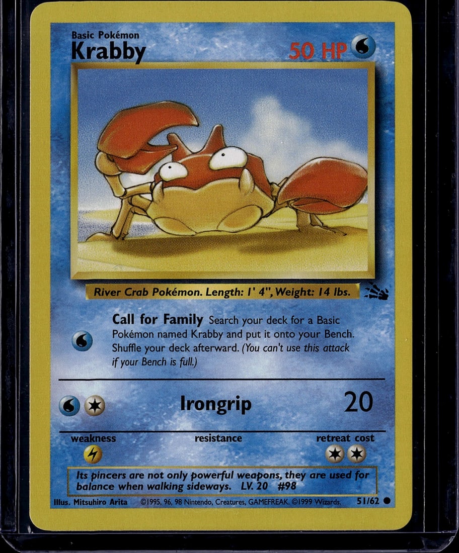 1995 Pokemon Base Set Krabby Card #51/62 - River: This is an authentic 1995 Pokemon Base Set Krabby card (#51/62), featuring the iconic River Crab Pokemon. Krabby is a Basic Water-type Pokemon with 50 HP, illustrated by Mitsuhiro Arita. The card disp