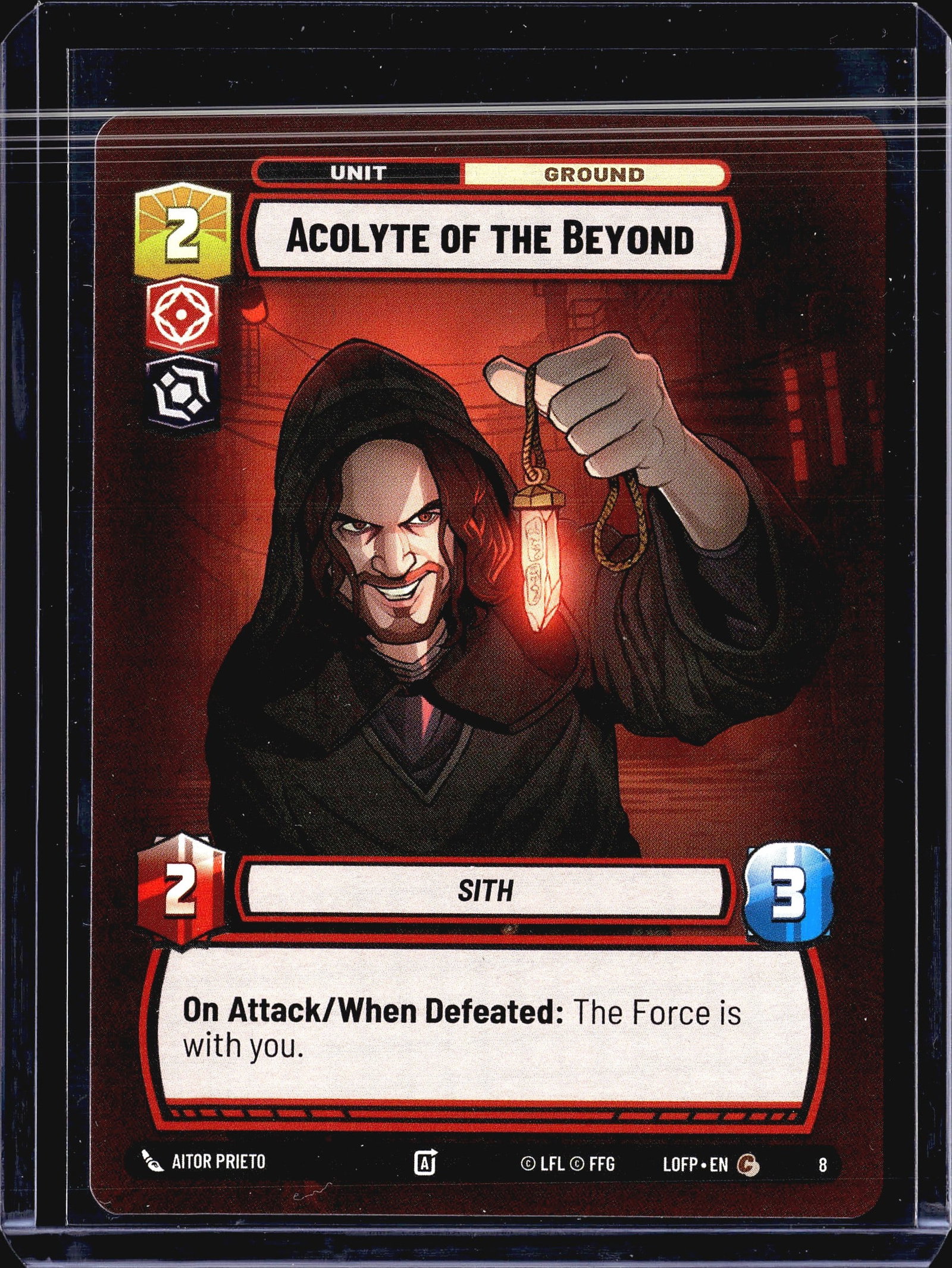 2024 Fantasy Flight Games Legends of the Force: This listing is for the Acolyte of the Beyond unit card (#8) from the Star Wars Unlimited trading card game set Legends of the Force (LOFP). The card is a Ground Unit of the Sith trait with a cost of 