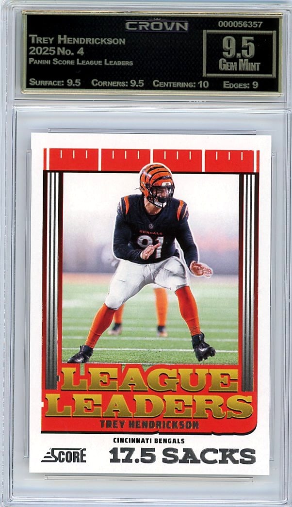 2025 Kamren Kinchens Panini Score League Leaders: This is a 2025 Kamren Kinchens card from the Panini Score League Leaders set, card number 10. It's a professionally graded slab that represents a key rookie or early-career collectible from one of the