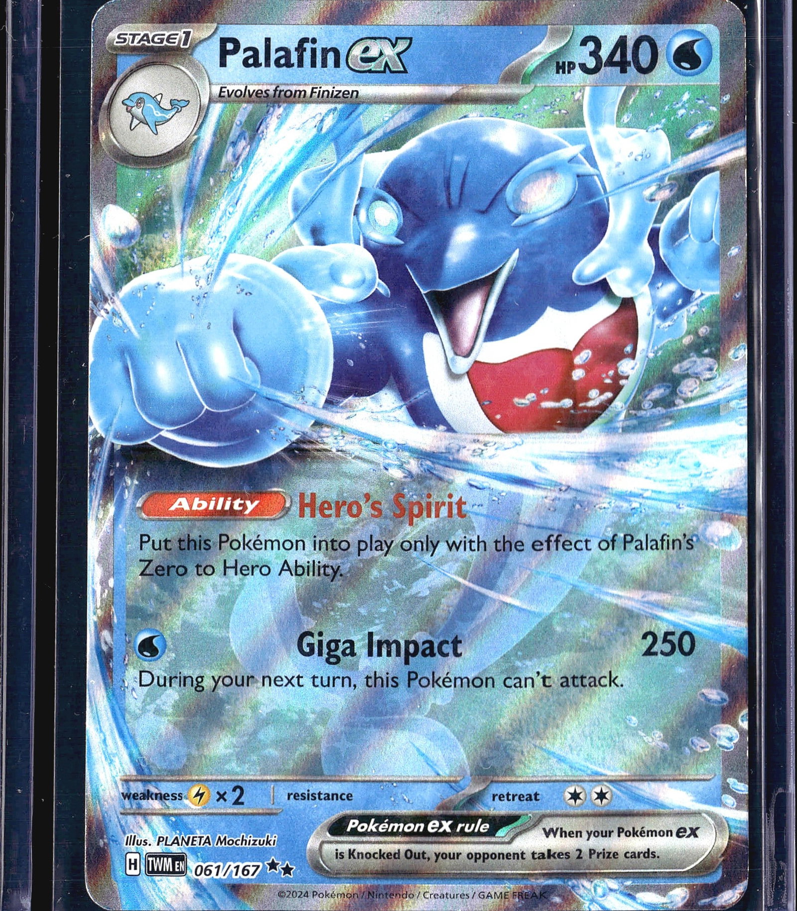 2024 Pokemon Twilight Masquerade Palafin ex: This listing features Palafin ex (061/167) from the 2024 Pokemon Trading Card Game set Twilight Masquerade (set code TWM), illustrated by PLANETA Mochizuki. The card is a Stage 1 Water-type Pokemon