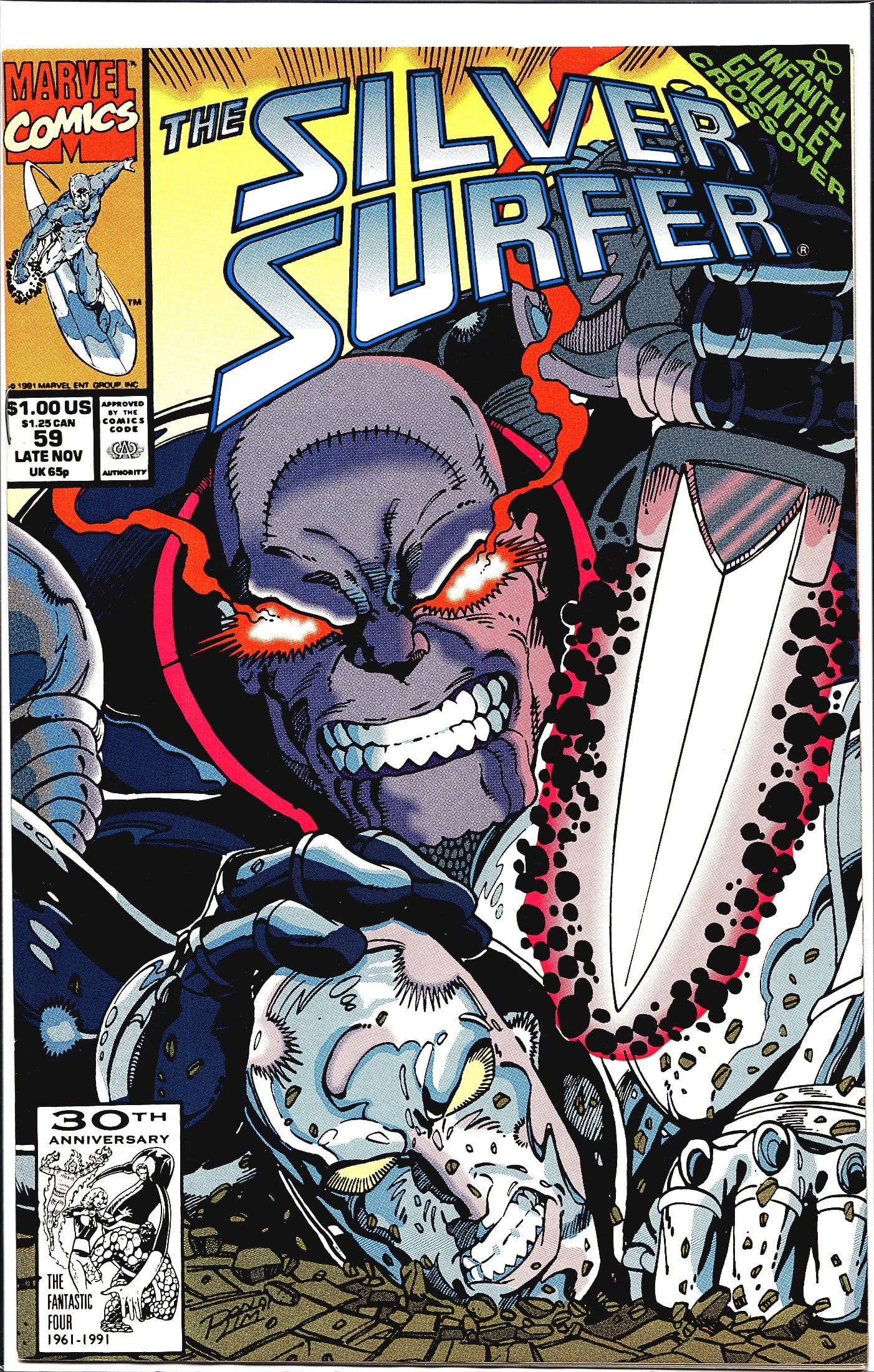 1991 Marvel The Silver Surfer #59 Infinity: This is Issue #59 of Marvel Comics' The Silver Surfer, cover-dated Late November 1991. The cover prominently features a menacing villain with glowing red eyes - consistent with Thanos - in an Infinity