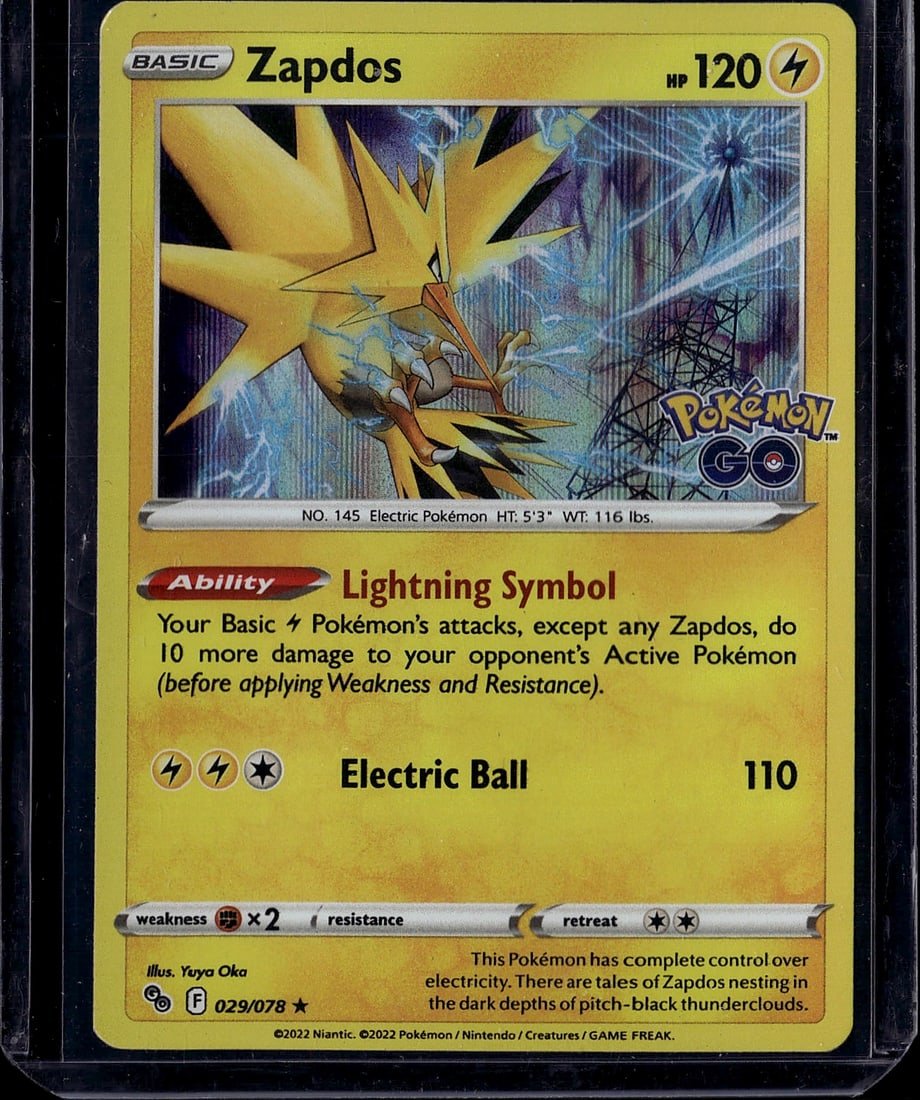 Zapdos 029/078 Pokemon GO 2022 Electric Basic: This is a raw Zapdos card from the Pokemon GO set, released in 2022. Card #029/078 features the legendary Electric-type Pokemon with stunning artwork depicting Zapdos mid-attack with lightning effects