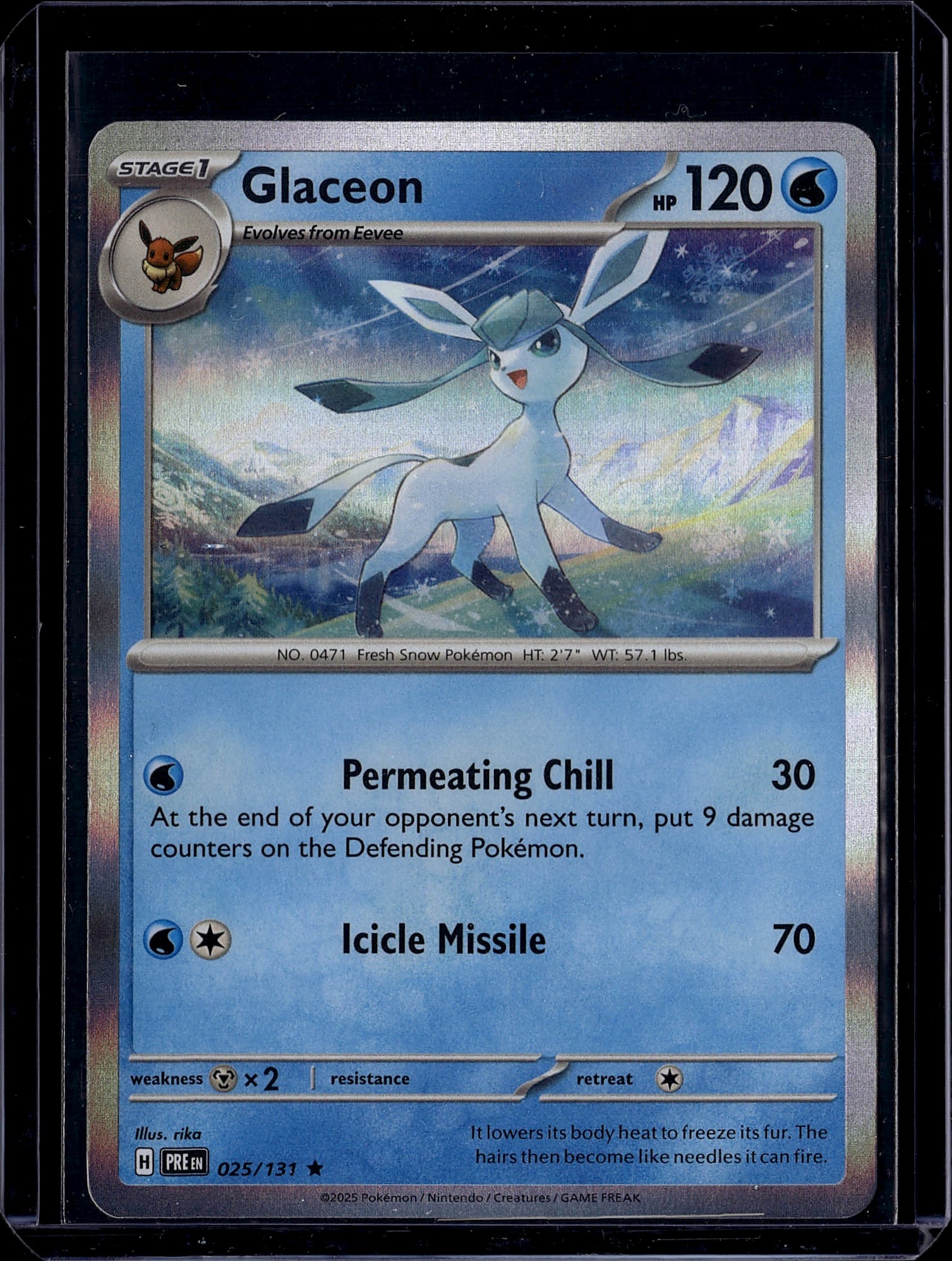 Glaceon 025/131 Scarlet & Violet Pokemon Card: This is a raw Glaceon Pokemon trading card from the Scarlet & Violet set, card number 025/131. Glaceon is a Stage 1 Water-type Pokemon that evolves from Eevee, featuring 120 HP and beautiful full-art 