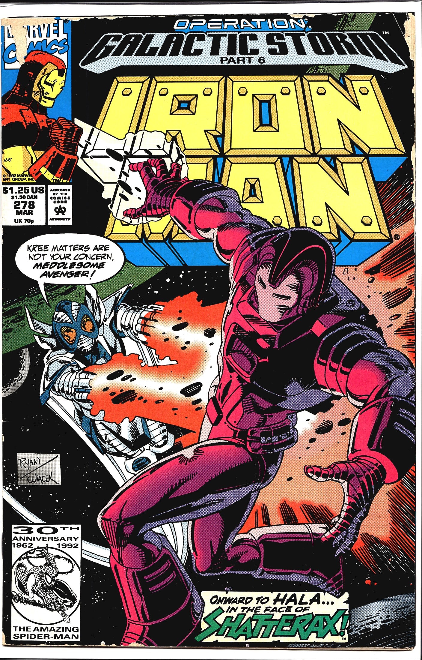 1992 Marvel Comics Iron Man #278 Comic Book: Iron Man #278 (March 1992) from Marvel Comics, published as part of the 'Operation: Galactic Storm' crossover event, Part 6. The cover features Iron Man in combat against Shatterax, a Kree warrior, wi