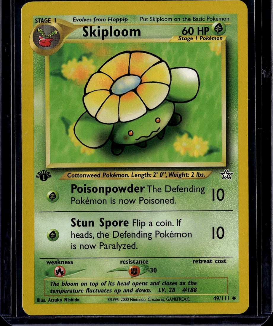 Skiploom 49/111 Neo Genesis Pokemon Card: This is a vintage Skiploom Pokemon card from the Neo Genesis set (card #49/111), published by Nintendo in 2000. Skiploom is a Stage 1 Grass-type Pokemon that evolves from Hoppip, featuring 60 HP and