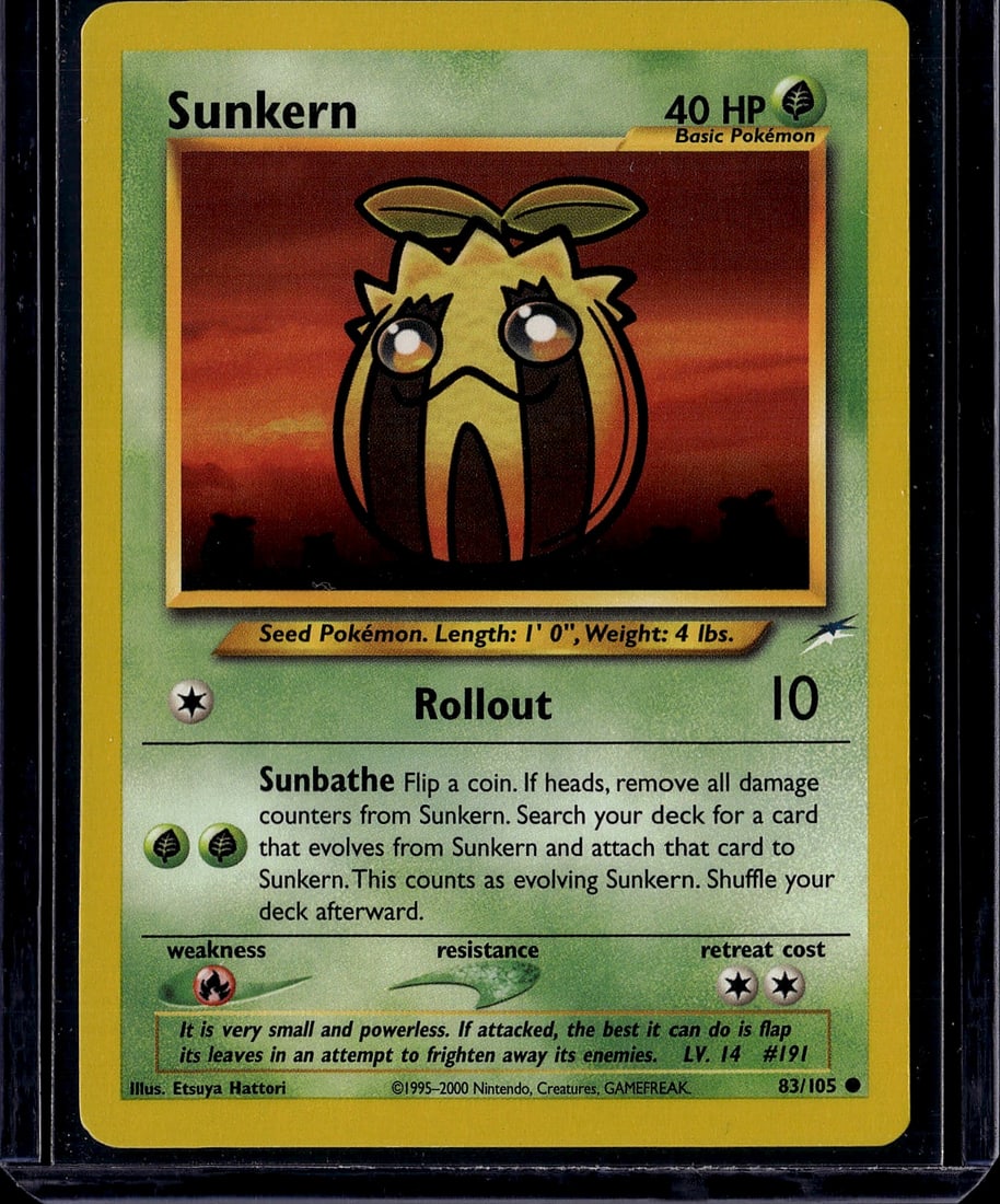 Sunkern #191 Pokemon Base Set 2000 Single Card: This is a raw Sunkern Pokemon card #191 from the Base Set, published by Nintendo Creatures in 2000. Sunkern is a Grass-type Seed Pokemon with 40 HP, featuring the attack "Rollout" for 10 damage and th