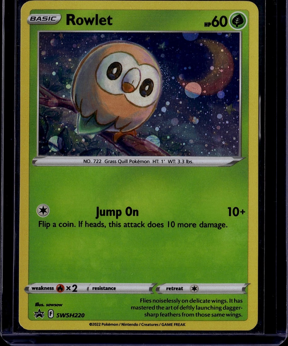 2022 Pokemon SWSH Black Star Promos SWSH220: Rowlet (Pokedex #722) is a Grass-type Basic Pokemon card numbered SWSH220 in the SWSH Black Star Promos series. It features Holofoil artwork by sowsow and was first released on March 25, 2022 in the C
