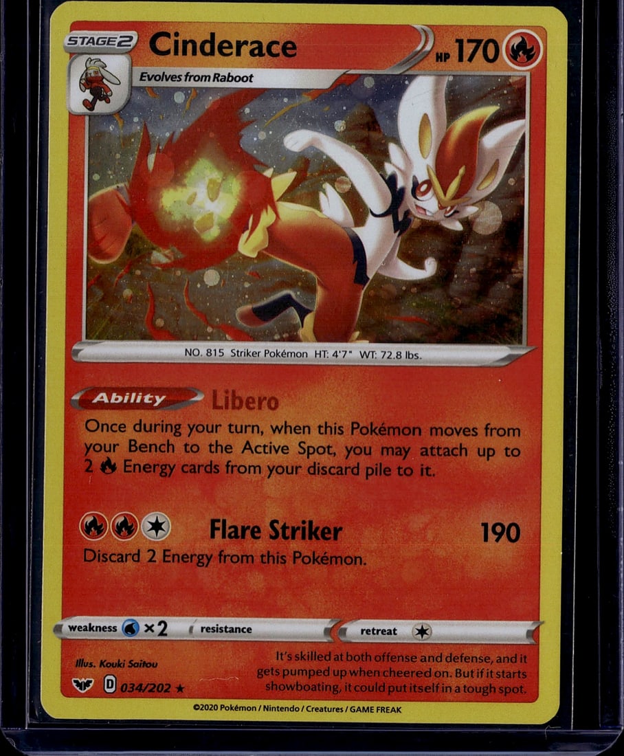 Cinderace Stage 2 Pokemon Card 034/202 Sword: This is a raw Cinderace Stage 2 Pokemon Trading Card from the Sword & Shield set, card number 034/202. Cinderace is Pokedex number 815, a Fire-type Striker Pokemon standing 4'7" tall and weighing 72.8