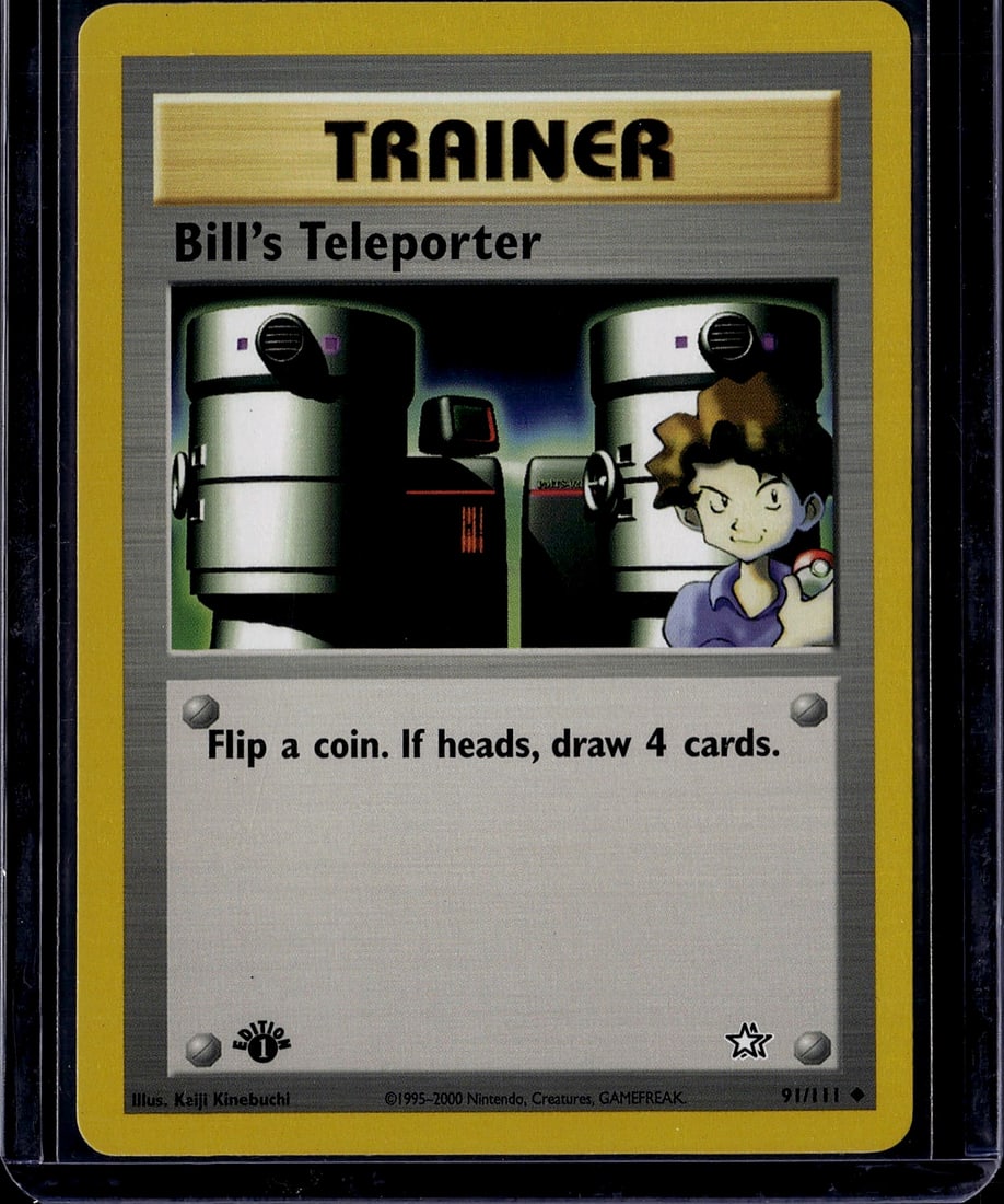 1999-2000 Pokemon Base Set Bill 91/111 Near Mint: This is an authentic Bill's Teleporter Trainer card from the original 1995 Pokemon Trading Card Game set by Nintendo and Creatures. Card number 91/111, this vintage Trainer card features the iconic te