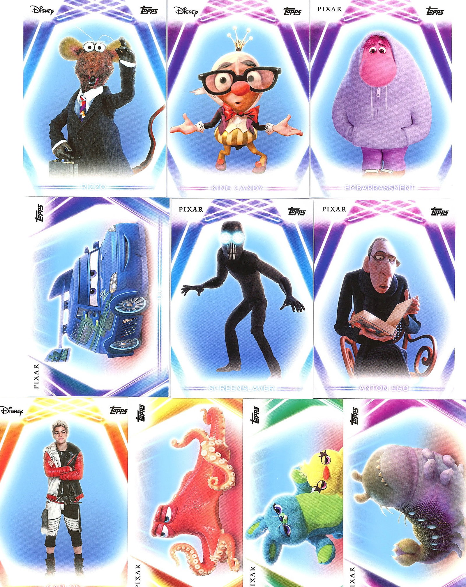 9-Card Lot Modern Disney Topps Trading Cards: This lot contains nine modern Disney character trading cards from Topps, featuring a mix of classic Disney, Muppets, and Pixar properties. The cards display vibrant character artwork with the distinct
