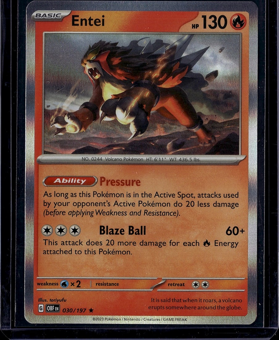 Entei 030/197 Obsidian Flames Pokemon Card: This is a raw Entei Pokemon card from the 2023 Scarlet & Violet Obsidian Flames set, card number 030/197. Entei is a Basic Fire-type Pokemon with 130 HP featuring the Pressure ability and Blaze Ball a