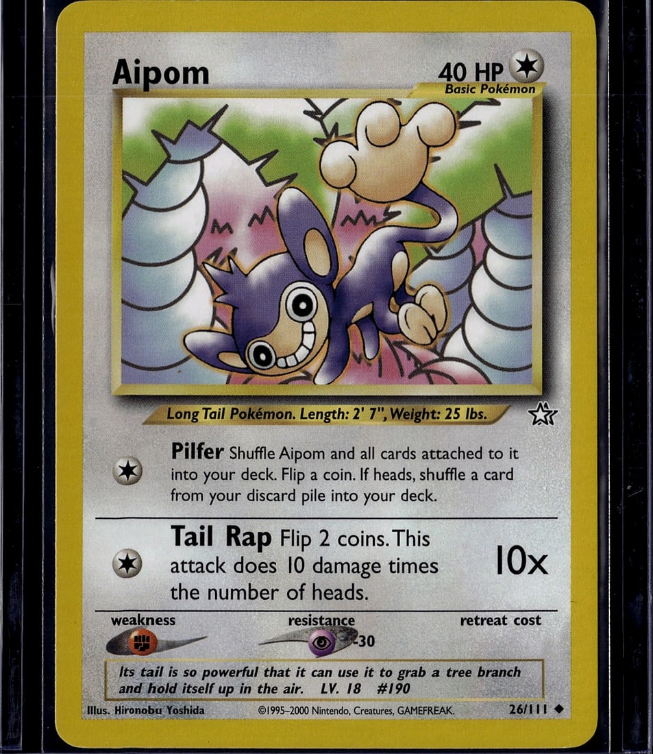 Aipom 26/111 Neo Genesis Pokemon Card - 40 HP: This is an original Aipom Pokemon trading card from The Pokemon Company's Neo Genesis set, card number 26/111. Aipom is a Basic Pokemon with 40 HP and features a yellow border typical of the Neo Genes