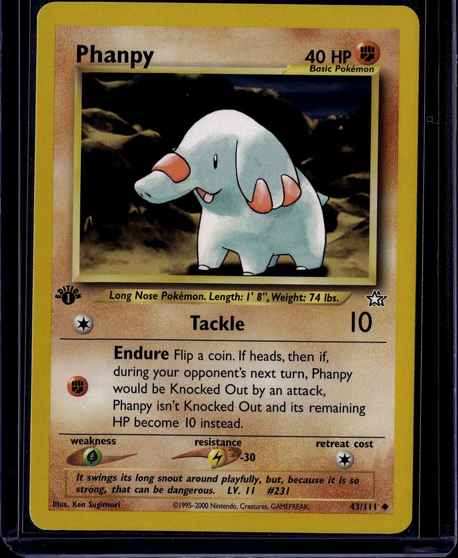 2000 Pokemon Neo Genesis Phanpy 43/111 Near Mint: This is an authentic Phanpy Pokemon trading card from the original Base Set, released in 2000 by The Pokemon Company. Card #43/111 features the beloved Long Nose Pokemon with its distinctive trunk and