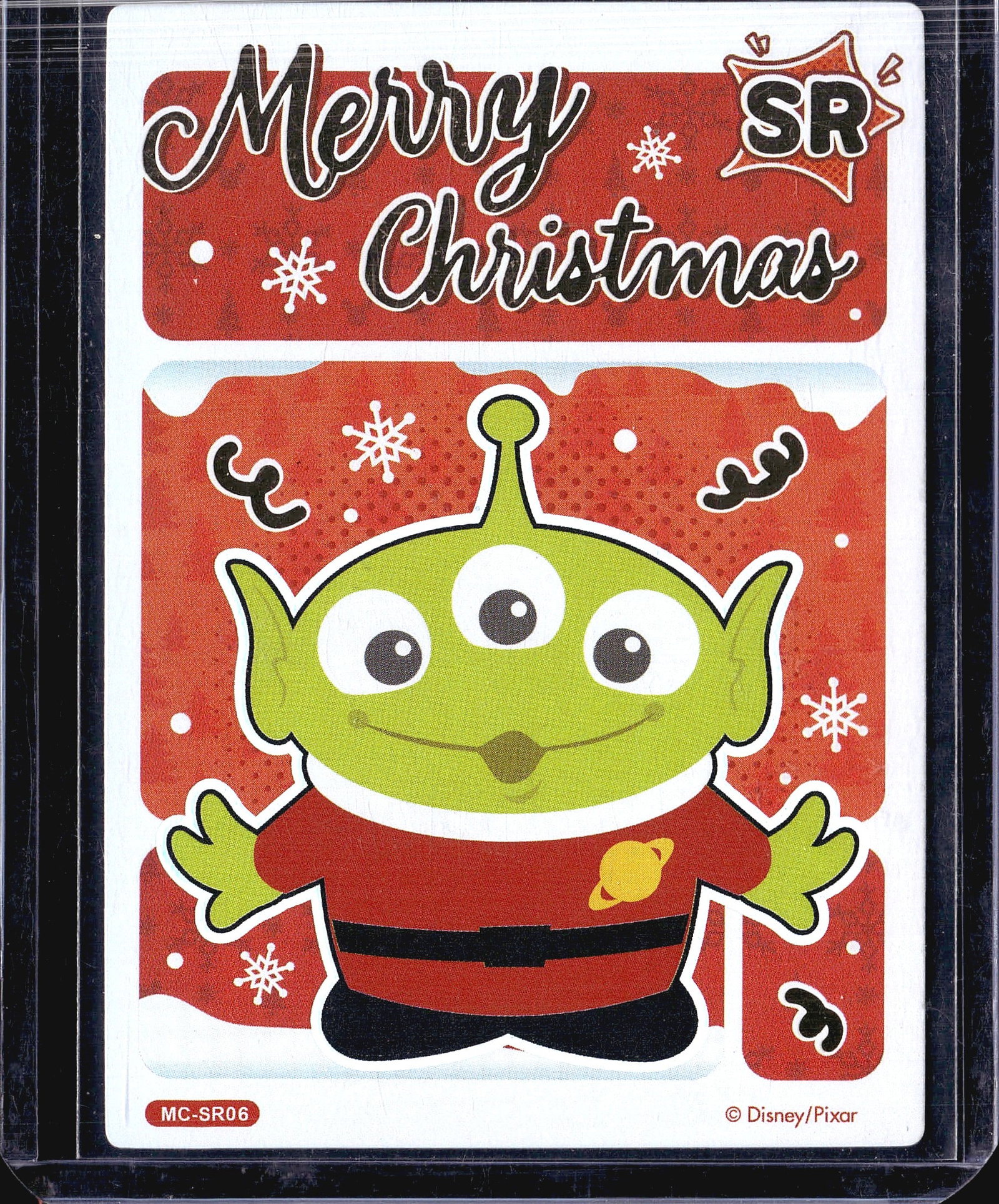 2023 Card Fun Disney 100 Years Festival MC-SR06: This is a Disney/Pixar licensed collectible card featuring the beloved Little Green Alien from Toy Story, dressed in a festive Santa Claus outfit against a red Christmas-themed background with