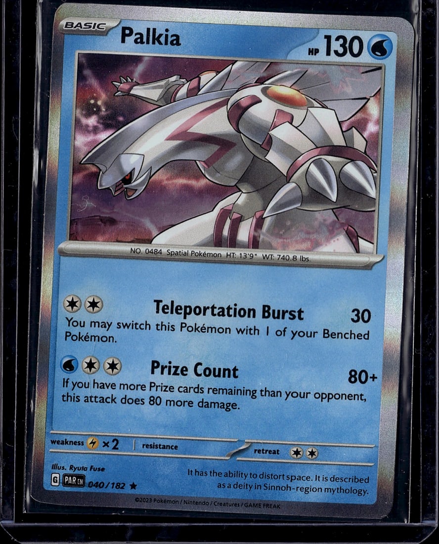 Palkia 040/182 Pokemon Scarlet Violet Card - HP: This is a raw Palkia Pokemon Trading Card from the Scarlet & Violet set, card number 040/182. The card features the Spatial Pokemon with 130 HP and displays excellent centering and print quality