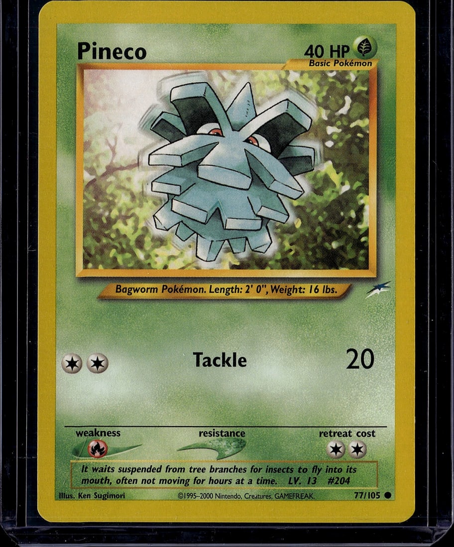 Pineco 77/105 Base Set Pokemon Card 2000: This is an authentic Pineco Pokemon trading card from the vintage Base Set, released in 2000 by Nintendo. Card #77/105 features the Bagworm Pokemon with its distinctive spiked pinecone appearance. The