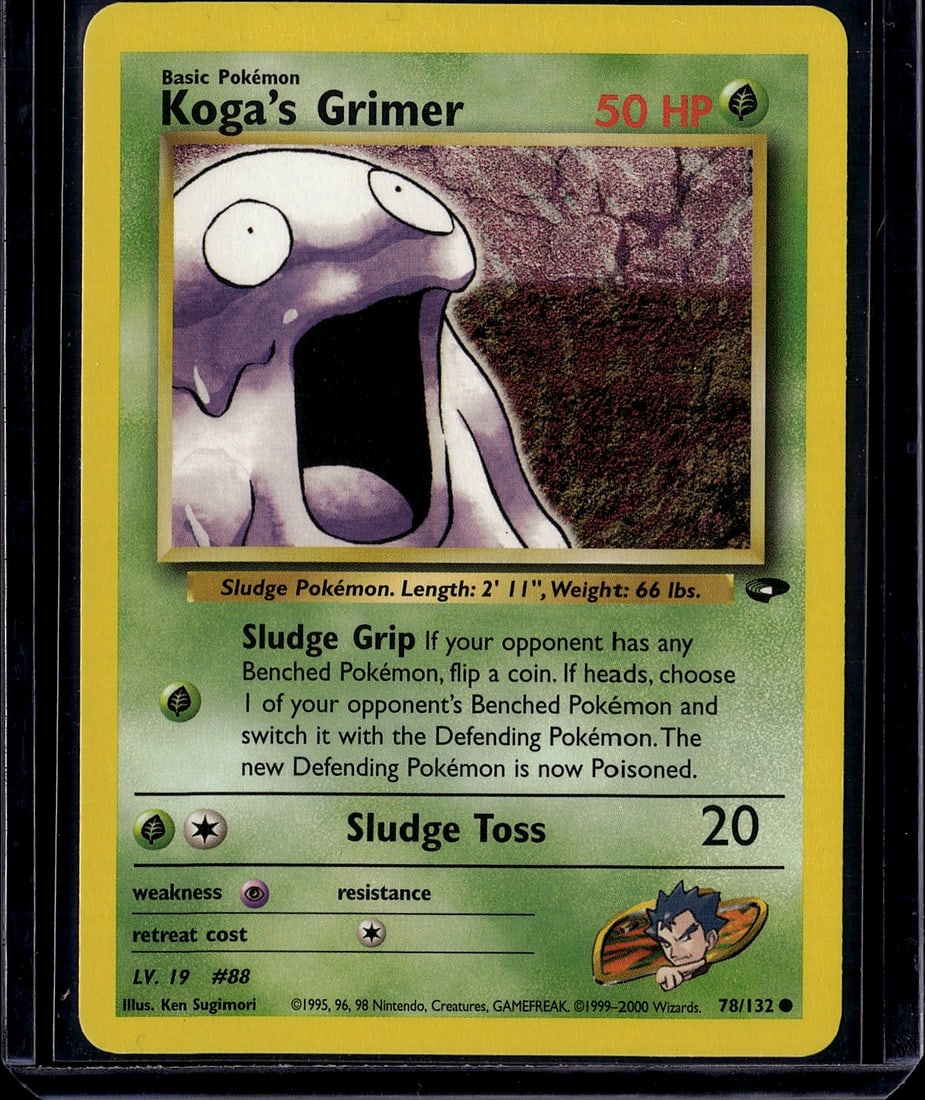 Koga's Grimer 78/132 Pokemon Base Set Single: This is a Koga's Grimer Pokemon Trading Card from the Base Set (1999), card number 78/132. The card features the Sludge Pokemon with its iconic grimacing expression and depicts Koga's Grimer at 50